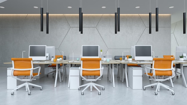 Ilustração 3D de escritórios modernos de espaço aberto