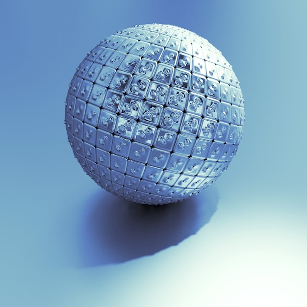 Ilustração 3d de esfera metálica com goma azul