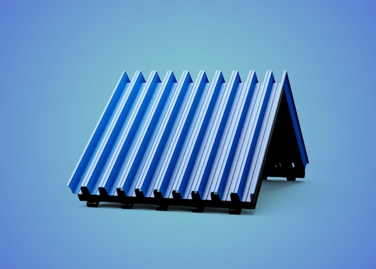Foto ilustração 3d de ferro galvanizado ondulado metálico azul para telhados em fundo azul suave