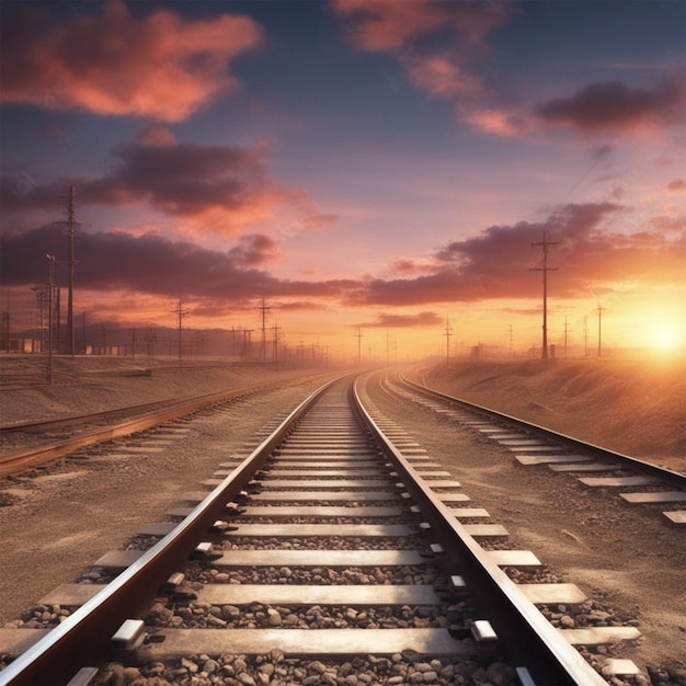 Ilustração 3D de ferrovias vazias no fundo do céu ao pôr-do-sol