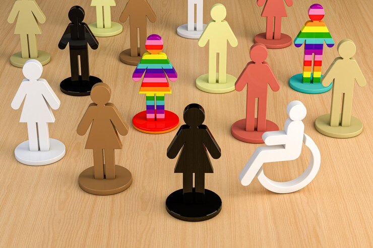 Foto ilustração 3d de figuras humanas coloridas representando diversidade e inclusão com diferentes tons de pele e padrões simbolizando igualdade, respeito e unidade em um ambiente multicultural