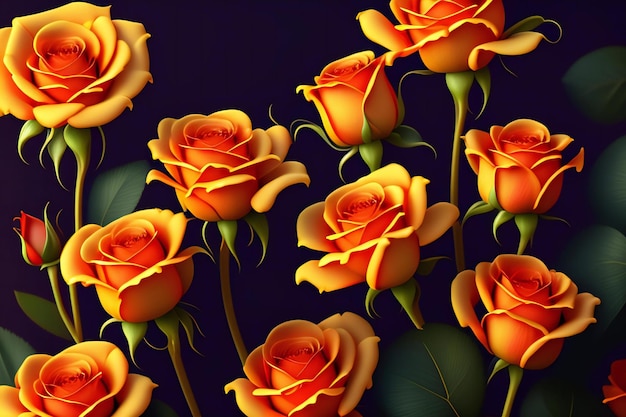 ilustração 3D de flores rosas vermelhas e amarelas sobre fundo azul escuro