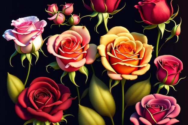 ilustração 3D de flores rosas vermelhas e amarelas sobre fundo azul escuro