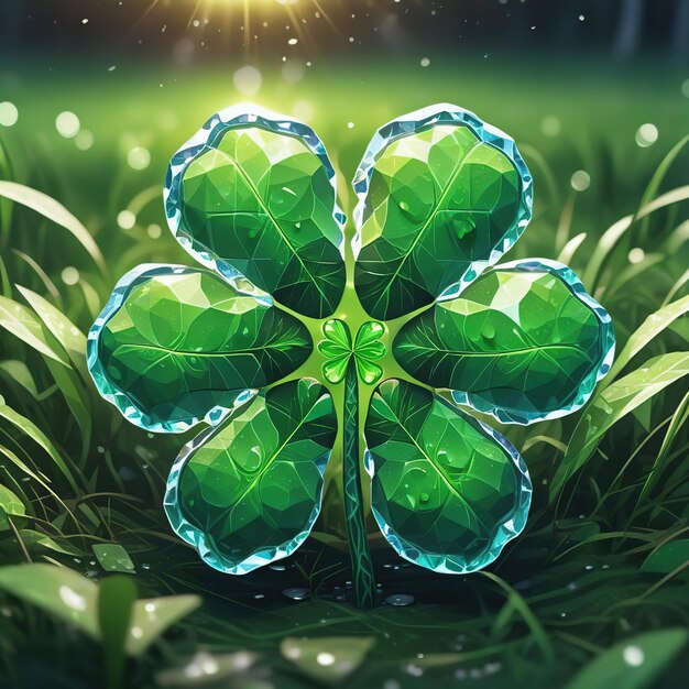 Foto ilustração 3d de folha de trevo verde com gotas de água em fundo de grama verde