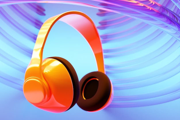 Ilustração 3D de fones de ouvido retro laranja sobre fundo azul isolado em luzes de néon. Ilustração do ícone do fone de ouvido