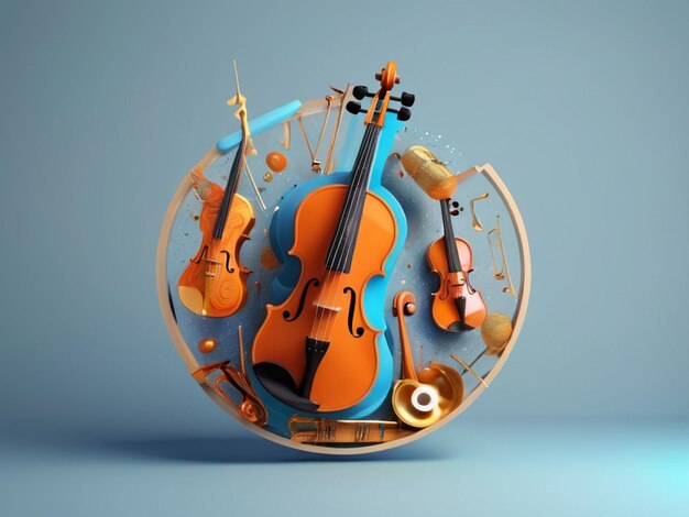 Ilustração 3D de forma redonda de instrumentos de música com violino etc. para celebração do dia da música