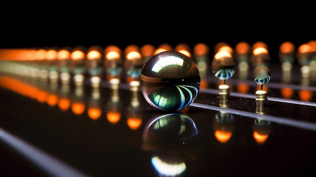 Ilustração 3D de fundo abstrato com luzes bokeh e bolas de vidro