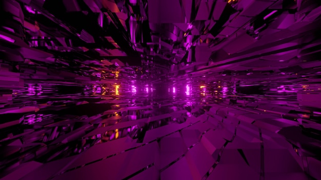 Ilustração 3D de fundo abstrato com ornamento roxo distorcido formando um túnel futurista com iluminação de néon