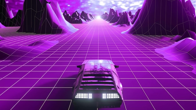 Foto ilustração 3d de fundo de carro de ficção científica estilo retrowave dos anos 80