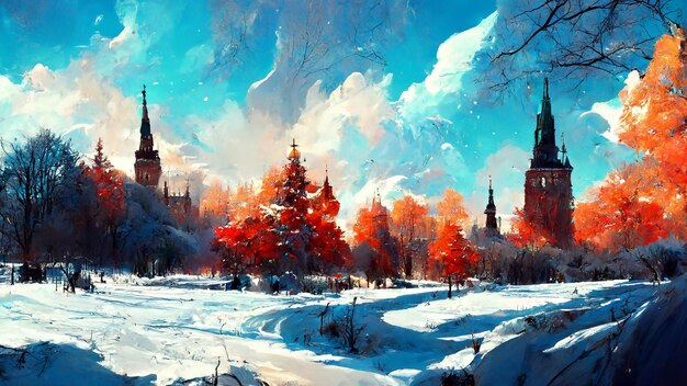 Ilustração 3D de fundo de ilustração de paisagem de inverno de Natal