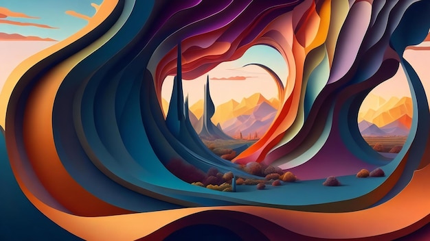 ilustração 3D de fundo de paisagem abstrata com camadas azuis e laranja