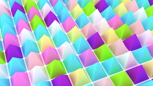 Ilustração 3d de fundo de pirâmides holográficas Papel de parede multicolorido Textura pastel suave Picos abstratos Objetos afiados Cenário de renderização 3d