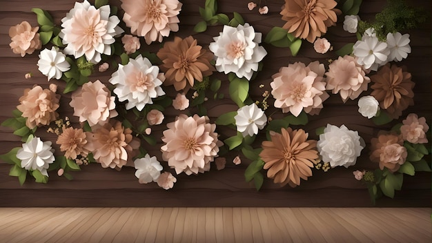 Ilustração 3D de fundo floral com flores e tábuas de madeira