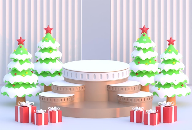 Ilustração 3D de fundo geométrico de prata pódio de Natal com pinheiro e caixa de presente