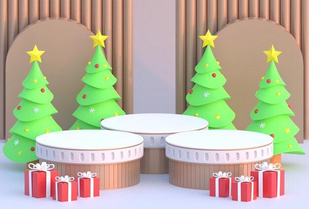 Ilustração 3D de fundo geométrico de prata pódio de Natal com pinheiro e caixa de presente