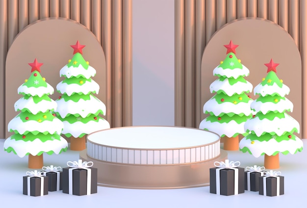 Ilustração 3D de fundo geométrico de prata pódio de Natal com pinheiro e caixa de presente