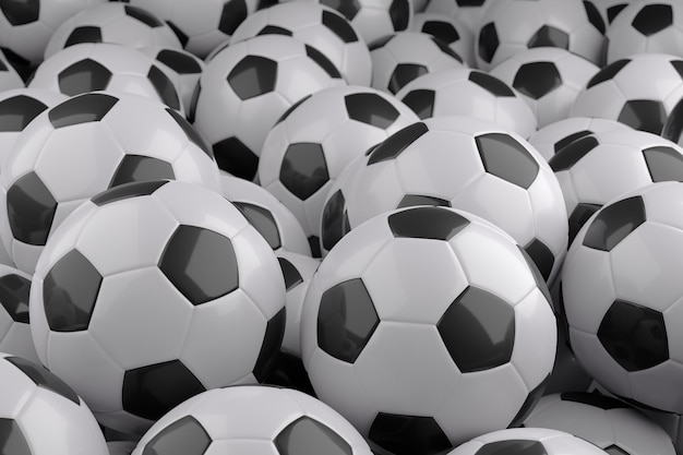 Foto ilustração 3d de fundo preto e branco de bolas de futebol