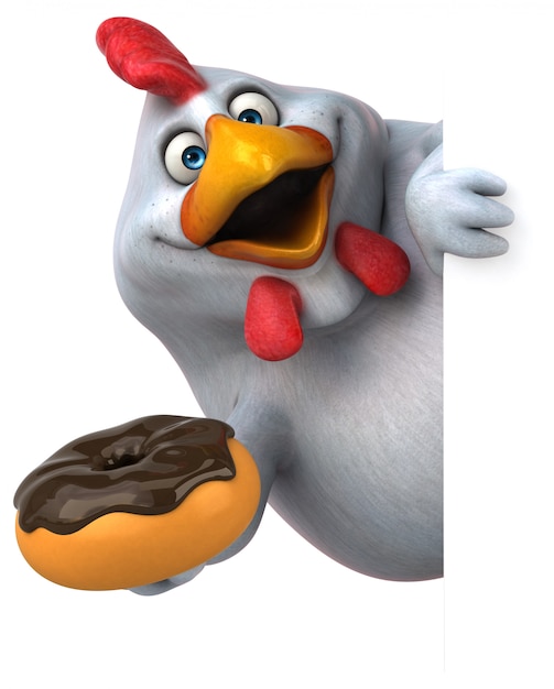 Ilustração 3d de galinha engraçada segurando um donut