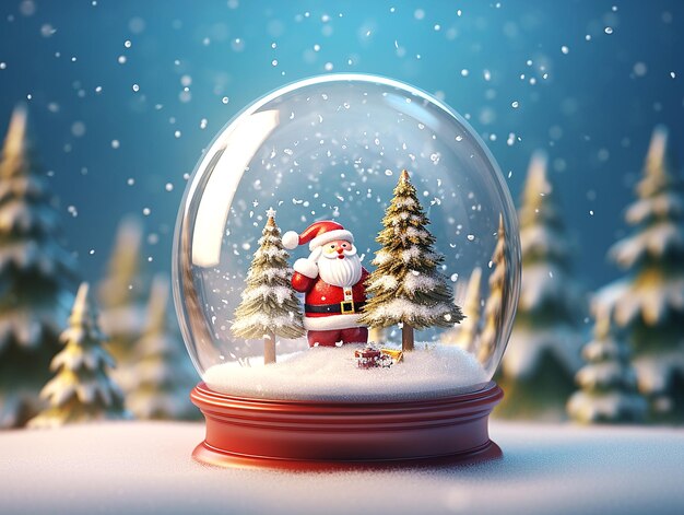 Ilustração 3D de globo de neve de inverno com abeto e Papai Noel em neve azul claro