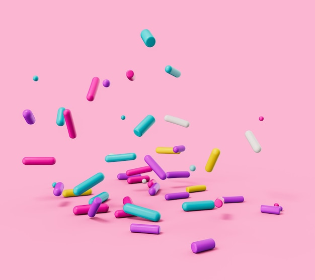 ilustração 3D de granulado decorativo colorido em fundo rosa isolado