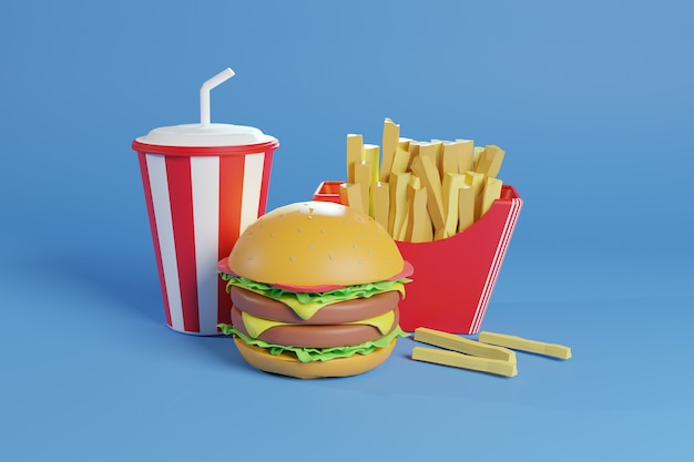 Foto ilustração 3d de hambúrguer com batatas fritas