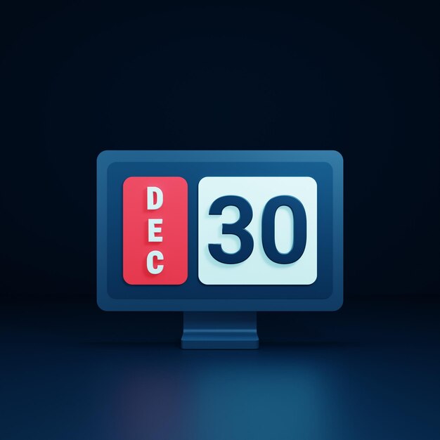 Ilustração 3D de ícone de calendário de dezembro com monitor de desktop data 30 de dezembro