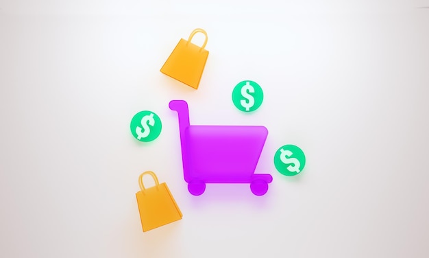 ilustração 3D de ícones de compras, vidro, colorido, fundo, para banner com texto