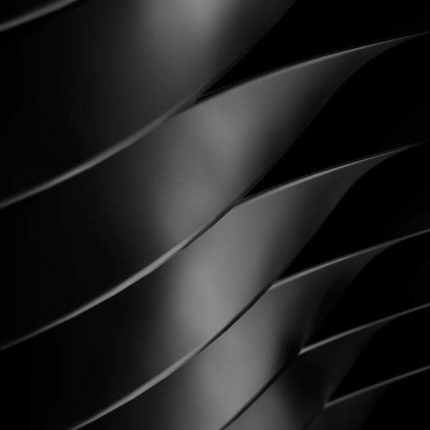 Ilustração 3D de lâminas paralelas curvas pretas brilhantes em um ambiente sombrio