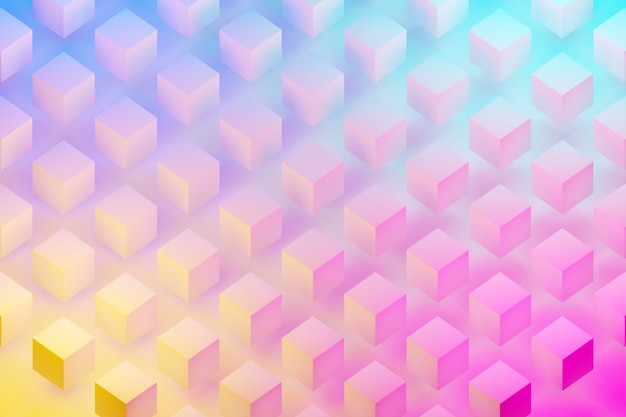 Ilustração 3D de linhas de cubos brancos sob uma cor neon azul-rosa. Padrão de paralelogramo. Fundo de geometria de tecnologia