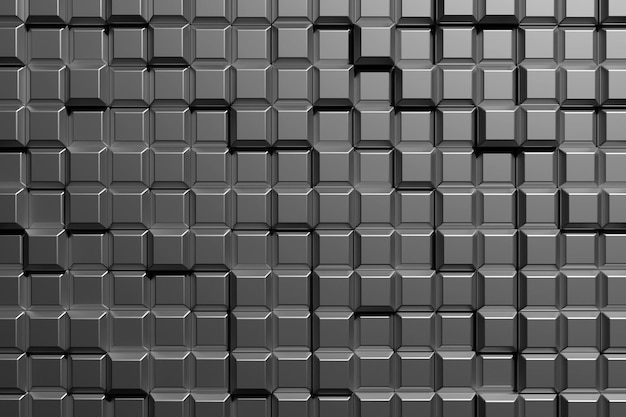 Ilustração 3D de linhas de quadrados pretos. Conjunto de cubos em fundo monocromático, padrão. Fundo de geometria