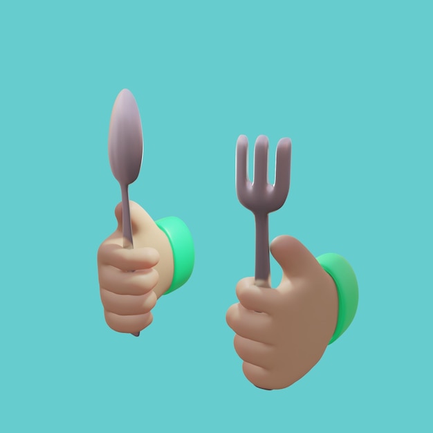 Foto ilustração 3d de mãos segurando uma colher e um garfo