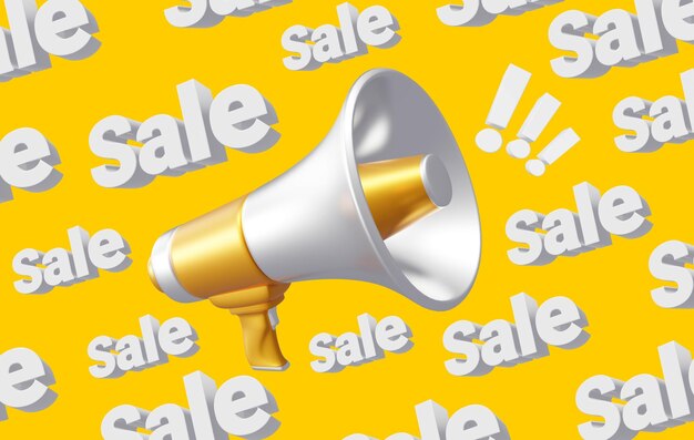 Foto ilustração 3d de megafone branco e dourado em fundo de cor amarela com a palavra venda tempo para venda de marketing design de estilo 3d para banner de impressão web de cartaz