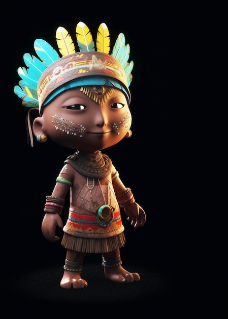 Foto ilustração 3d de menino índios com vestidos de motivos de índios e cocar de penas