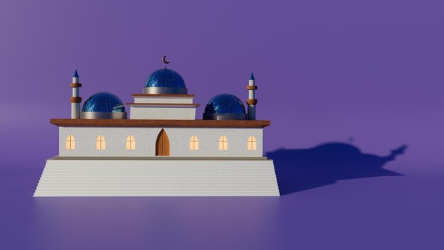 Ilustração 3D de mesquita árabe no fundo violeta conceito de Ramadã