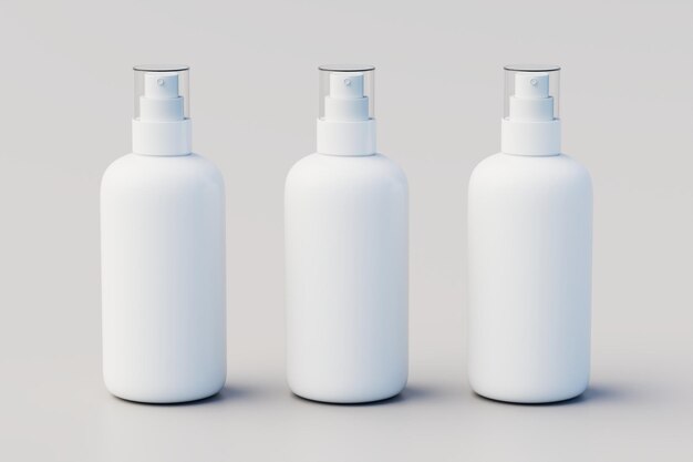 Ilustração 3D de modelo de várias garrafas de spray de plástico branco