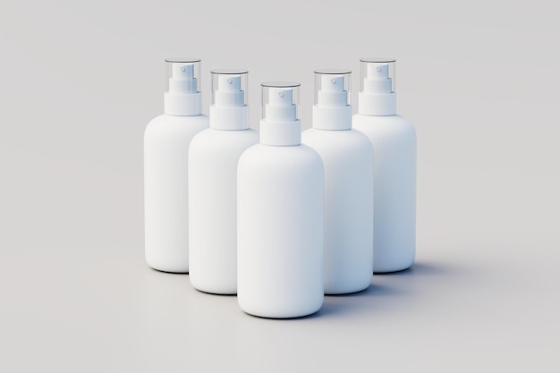 Ilustração 3D de modelo de várias garrafas de spray de plástico branco