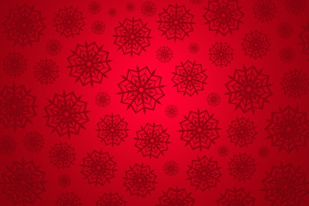 Ilustração 3d de muitos flocos de neve de diferentes tamanhos e formas em um fundo vermelho. padrão de floco de neve de inverno