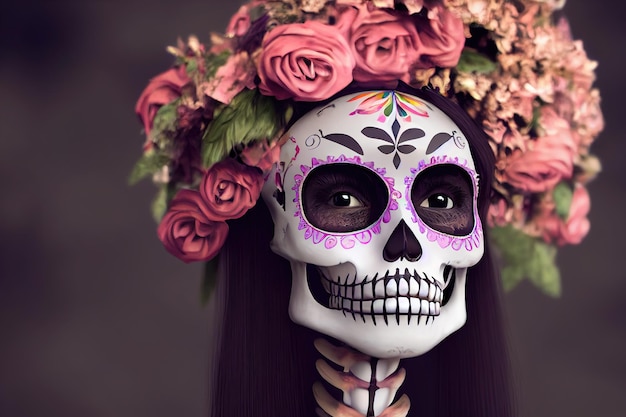 ilustração 3D de mulher com caveira pintada no rosto para o ritual tradicional mexicano de México Muertos