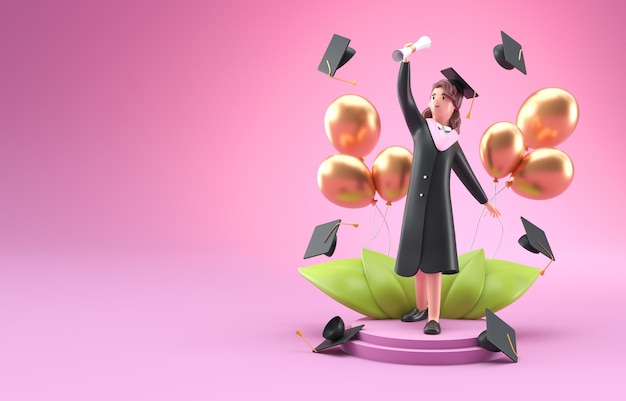 Ilustração 3D de mulher graduada isolada