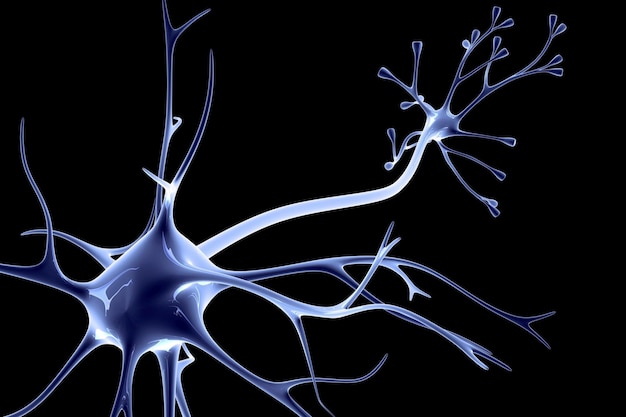 Ilustração 3D de neurônios, células, cérebro em fundo científico