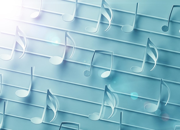 Ilustração 3D de notas musicais e sinais musicais de folha de música abstrata Canções e conceito de melodia