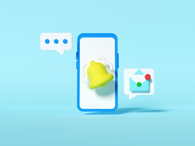 Ilustração 3D de notificação em smartphone flutuante com ícone de bolha de bate-papo flutuante, ícone de amor e ícone de campainha