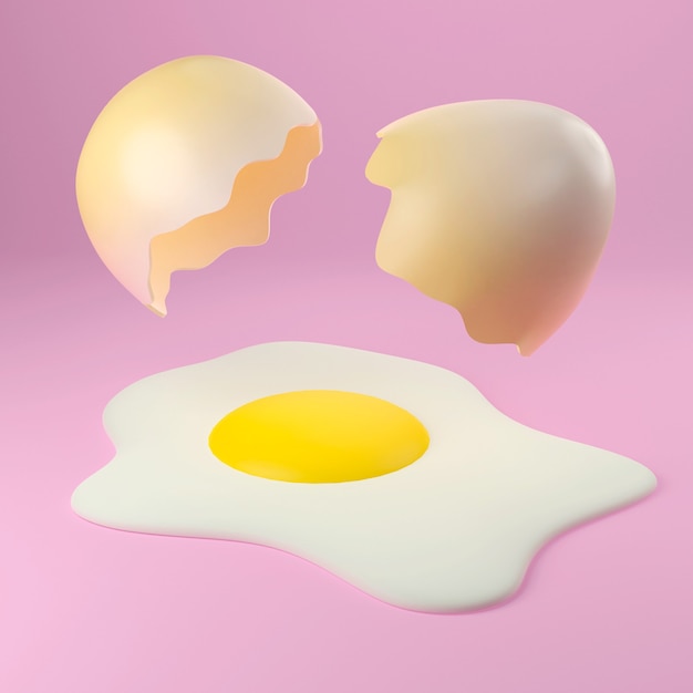 Ilustração 3d de ovo frito quebrado espalhado na mesa