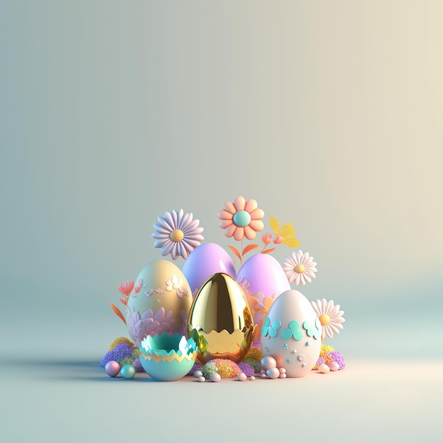 Ilustração 3D de ovos brilhantes e flores para fundo de celebração do dia de Páscoa