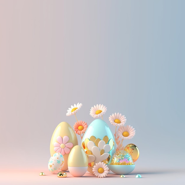 Ilustração 3D de ovos e flores para o fundo da celebração da Páscoa