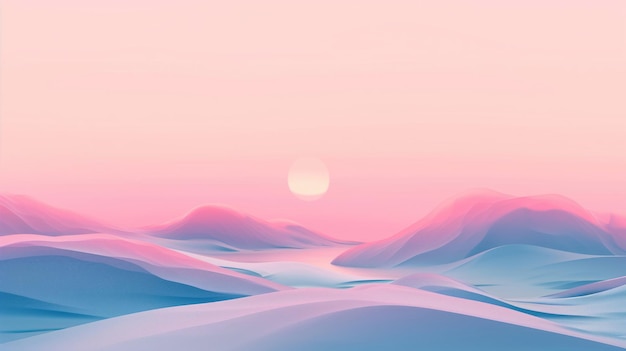 Ilustração 3D de paisagem desértica com sol em cores rosa e azul Ilustração digital