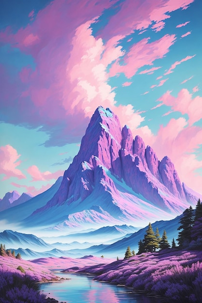 Ilustração 3D de paisagens fantásticas, picos de montanhas ao pôr-do-sol.