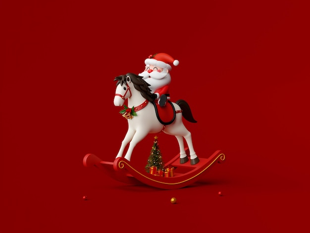 ilustração 3D de Papai Noel andando de cavalo de balanço em fundo vermelho