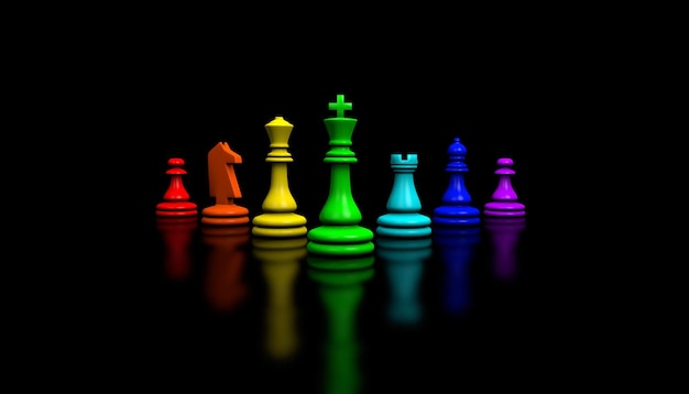 Ilustração 3d de peças de xadrez em uma fileira de todas as cores do arco-íris