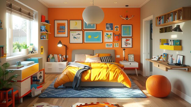 Foto ilustração 3d de quarto de criança sala de crianças coloridas